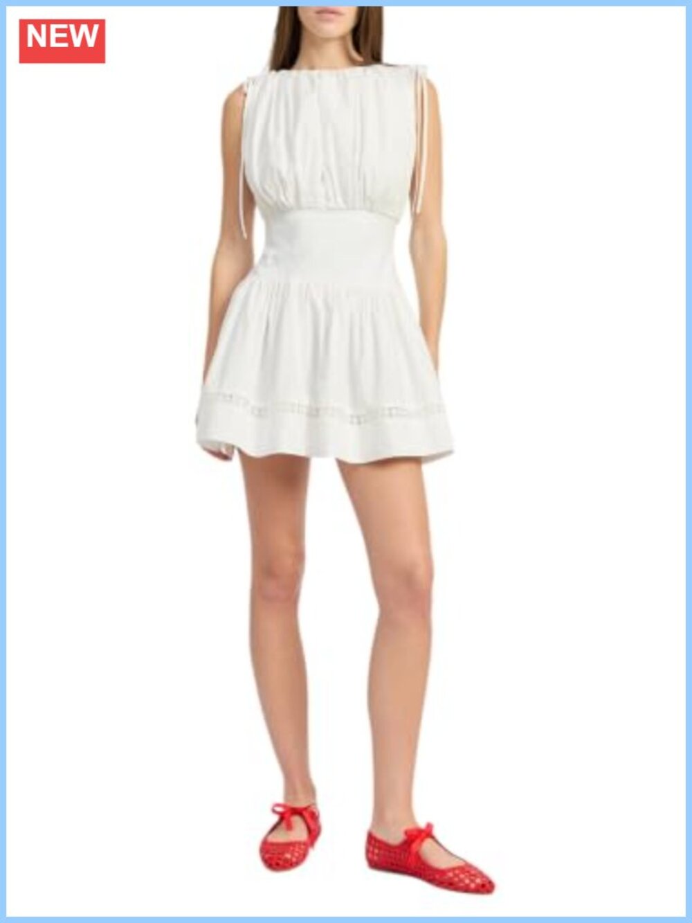 Mixed Media Mini Dress Tie Shoulder Bubble Bust Floral Trim Casual